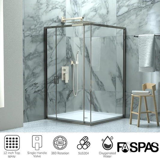 Brushed Nickel Shower System with 12-Inch Rain Showerhead and Handheld | Innovative air-injection technology for low pressure, high-flow rate up to 3.22 GPM ensuring powerful consistent stream