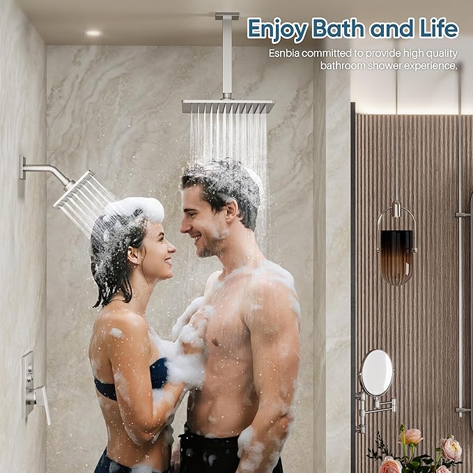 Nickel Shower System, Brushed Nickel Shower Faucet Set, 10'' Ceiling Shower Head, 6'' Wall Mounted Shower Head, 3 In 1 Push Button Shower Valve Kit, Waterfall ShowerHead with Handheld, Brushed Nickel