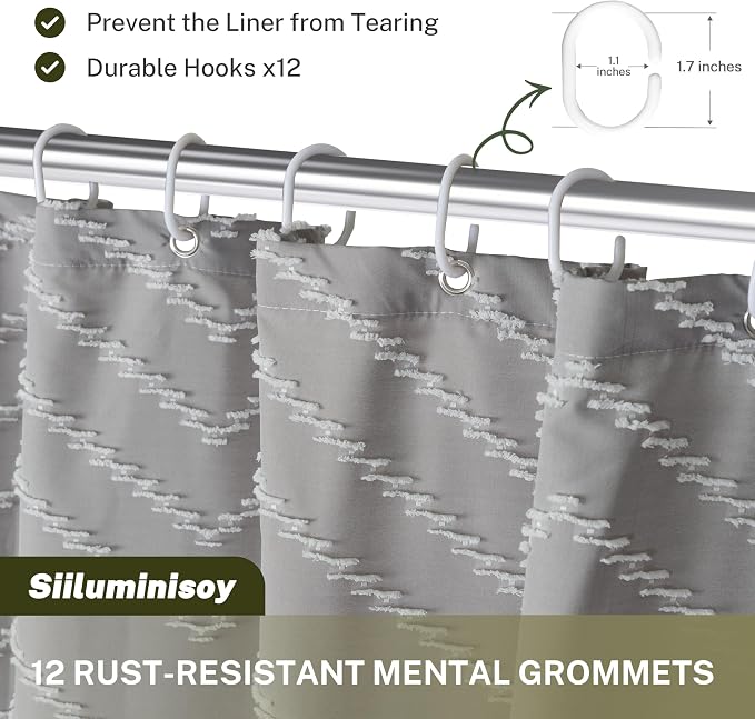 Siiluminisoy Extra Long Grey Boho Shower Curtain with Tassel, Woven Fabric 84 in Shower Curtain, Tufted Chevron Striped, 72 x 84, Modern Chic Textured Minimalist Bathroom Shower