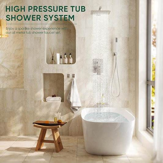 Brushed Nickel Shower System with Tub Spout and 12-Inch Shower Head | All Metal BathTub Shower Faucet Set, Wall Mounted Bathroom Rain shower head and handheld set with Valve and Trim Kit