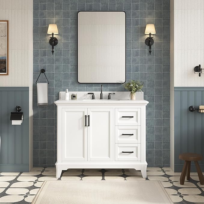 42 Inch Bathroom Vanity with Sink, Farmhouse Bathroom Vanity Set with Quartz Countertop, Painted Bathroom Storage Cabinet with Soft Closing Doors & Dovetail Pine Drawers, White