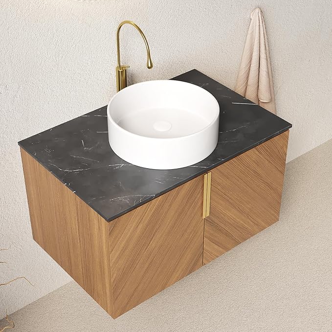 LKTART Floating Vanity Bathroom 30 inch, Modern Wall Mounted Bathroom Storage Cabinet with 2 Doors, Black Sintered Stone Countertop and White Round Ceramic Basin, Brown