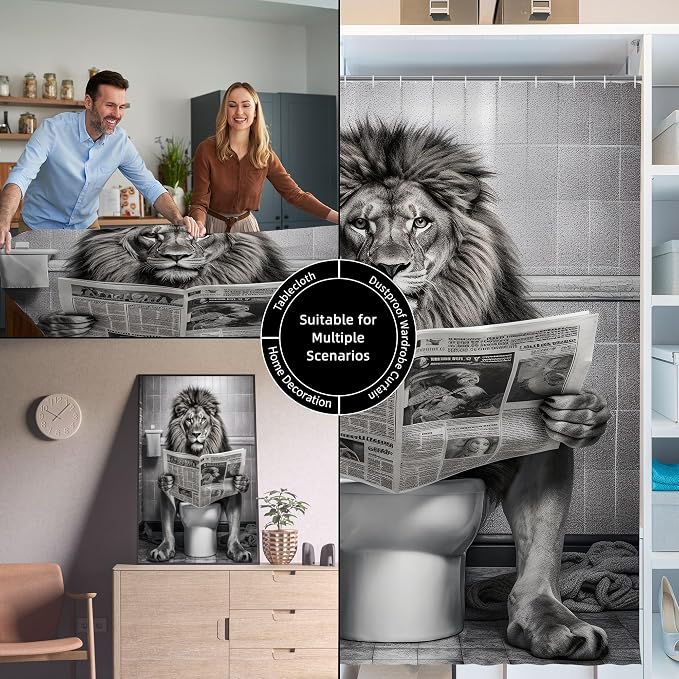 Farmhouse Funny Lion Mens Shower Curtain for Bathroom 72W*72H Inch Black and White Humor Animal Reading on Toilet Bathtub Decor Western Country Animal Waterproof Polyester Fabric Set with 12 Hooks