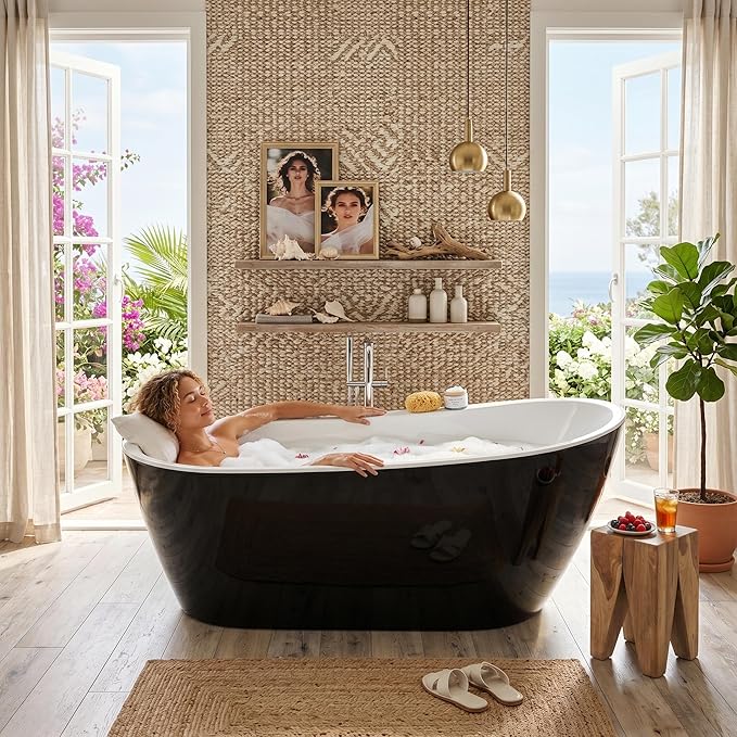 Garvee 67" Deep Soaking Bathtub, Non-Slip Acrylic Tub with Chrome Drain, cUPC Certified, Ergonomic Modern Bath for Bathrooms, Easy-Install, Black Upturned