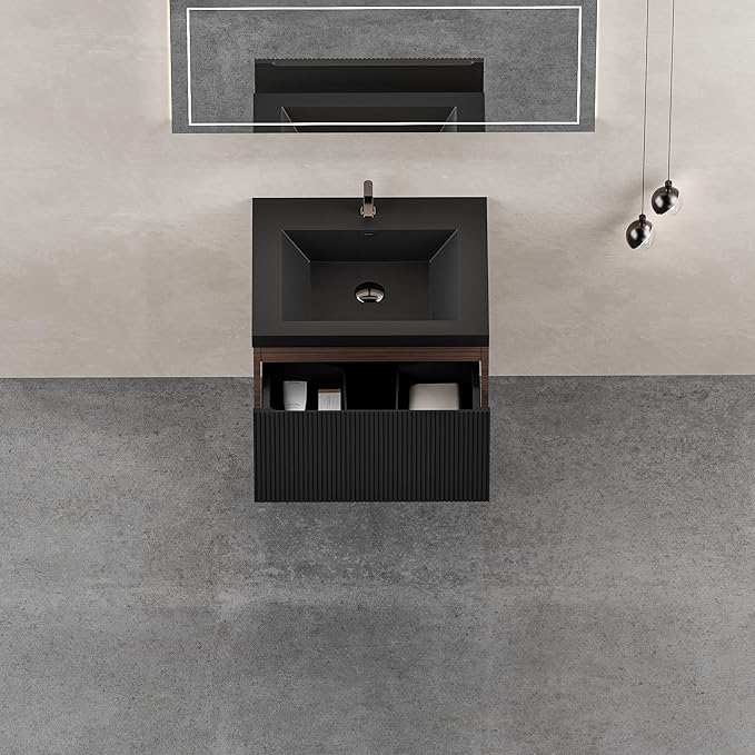 24'' Floating Bathroom Vanity with Sink Combo, Modern Wall-Mounted Striped Bathroom Storage Cabinet with Soft-Close Drawers and Black Quartz Sand Basin, No Assembly Required