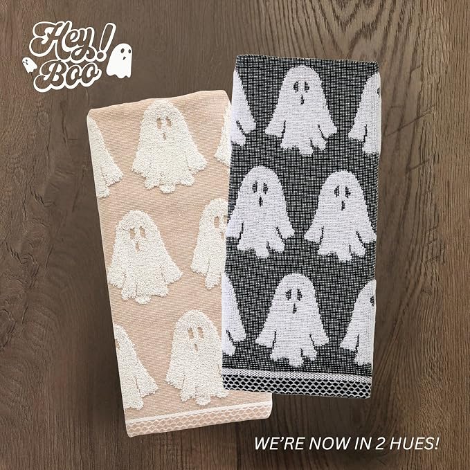 SKL Home Halloween Ghost Hand Towel Set-2pc, 100% Cotton Jacquard, Tan | Plush, absorbent & reversible. Great for use in the bathroom, kitchen, or bar & gifting.