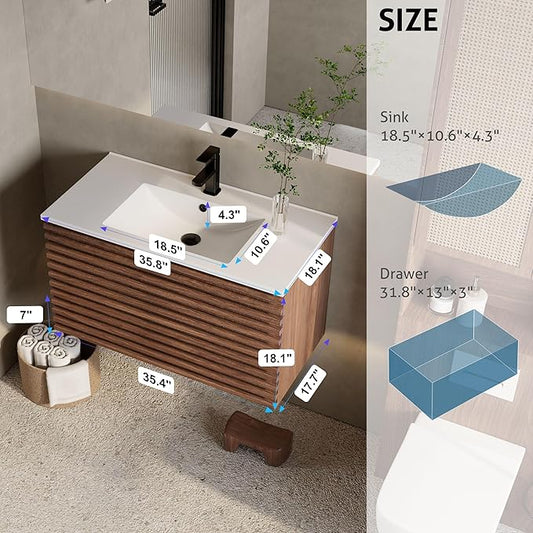 eclife 36" Floating Bathroom Vanity with Sink Combo Mid-Century Wall Mounted Cabinet with Wood Stripes Decor, Drawers, Undermount Single Sink, Faucet, Drain, Cocoa Brown