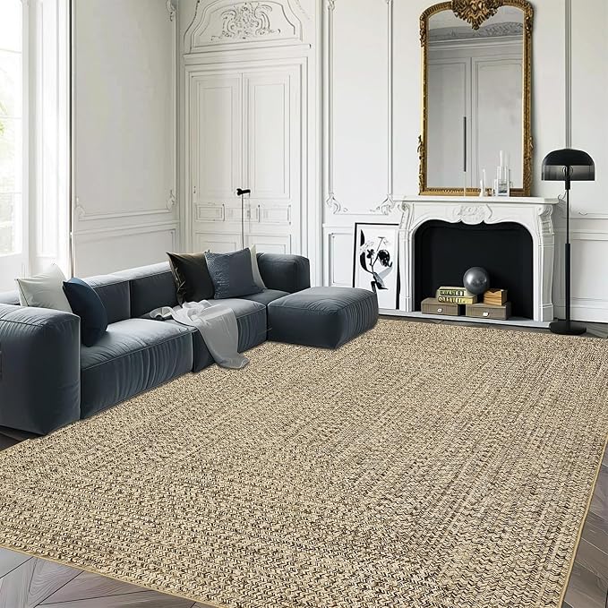 Printed Washable 3x5 Rug Modern Non Slip Entryway Rug Small Living Room Rug Braided Soft Throw Rugs Low Pile Stain Resistant Carpet for Office Bedroom Nursery Dining Room 3'x5' Beige/Grey