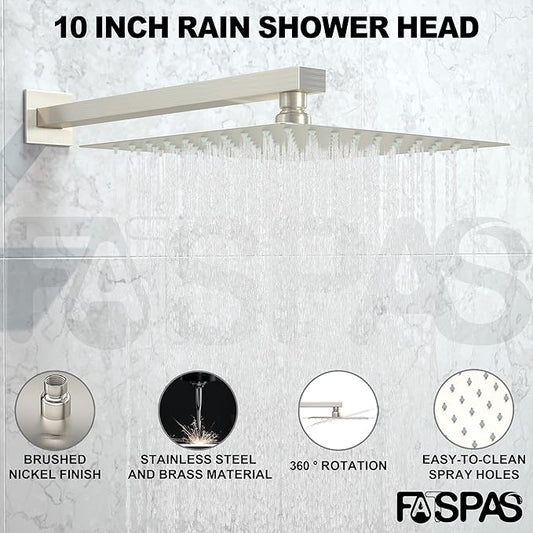 Shower System with Tub Spout, 10-Inch High-Pressure Rain Showerhead and Handheld Combo, Brushed Nickel Shower Faucet Set with Rough-in Valve and Trim Kit, Wall Mounted All-Metal Shower Set