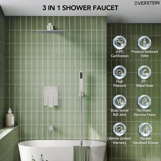 Shower Tub Faucet Set, 10" Bathroom Rainfall Shower Head Fixtures Combo with Handheld Spray and Tub Spout, Brushed Nickel (Valve Included)