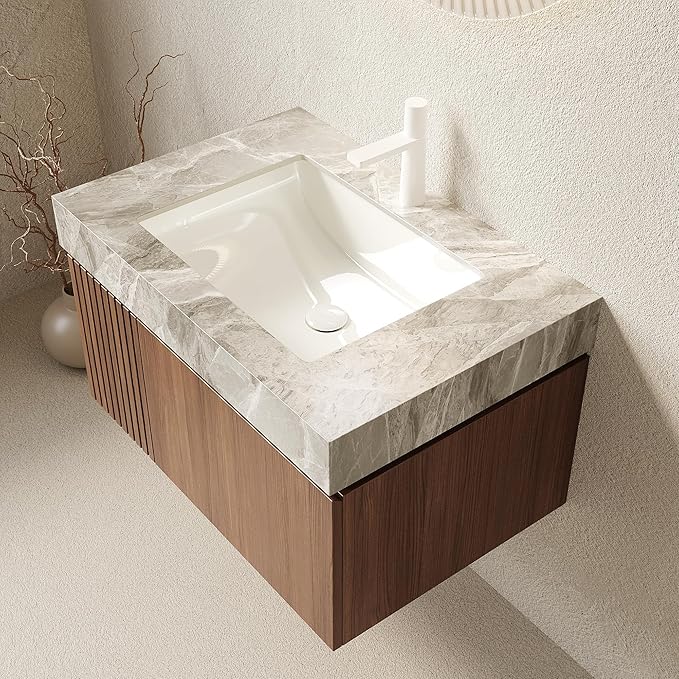 Ambrovina 30" Floating Bathroom Vanity with Sink, Modern Plywood Bathroom Storage Cabinet with Drawer and Door, Light Gray Sintered Stone Countertop and White Ceramic Basin, Pre-Assembled, Dark Oak