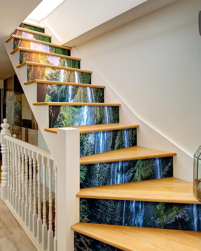FLFK Stair Riser Decals - Waterfall Stickers, Peel and Stick, Self-Adhesive for Home Decor, 39.3" W x 7.08" H x 13Pcs