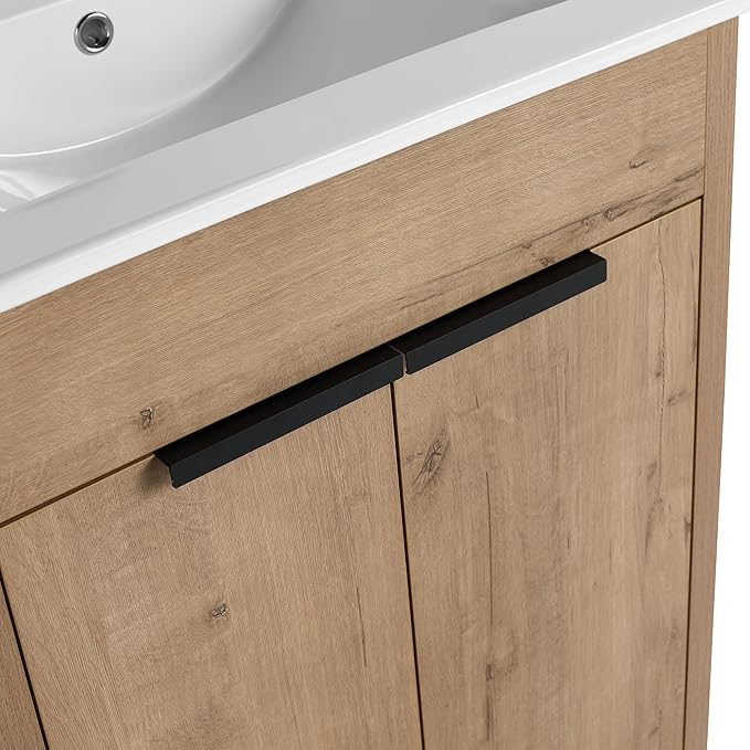 SSLine 24-Inch Bathroom Vanity with Sink Mid-Century Bathroom Vanities with Top Basin Floor Wood Bathroom Sink Cabinet with Soft-Close Doors & Adjustable Storage Shelves (Natural Brown)