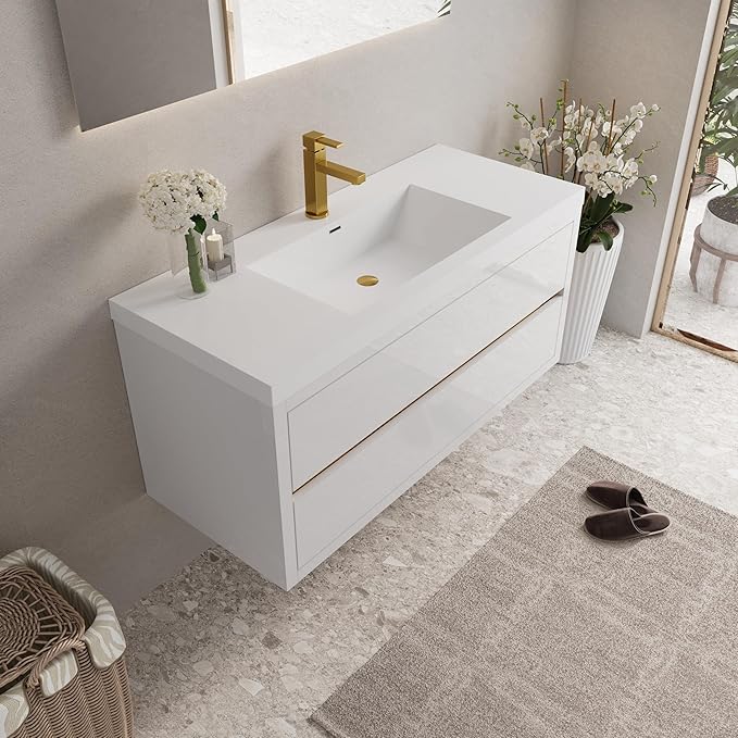Modern 48" Wall-Mounted Bathroom Vanity with Sink | Floating Storage Cabinet, Stone Resin Countertop, Soft Close Drawers | Glossy White