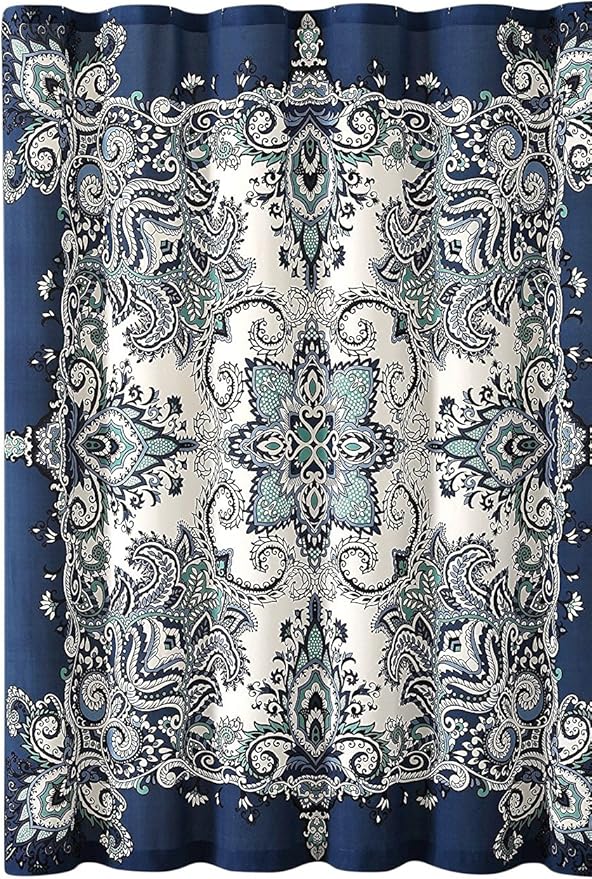 Boho Shower Curtain, Navy Teal White Mandala Floral Design, Fabric, 72 x 72 inches, Stain-Resistant, Paisley Pattern, with Hooks