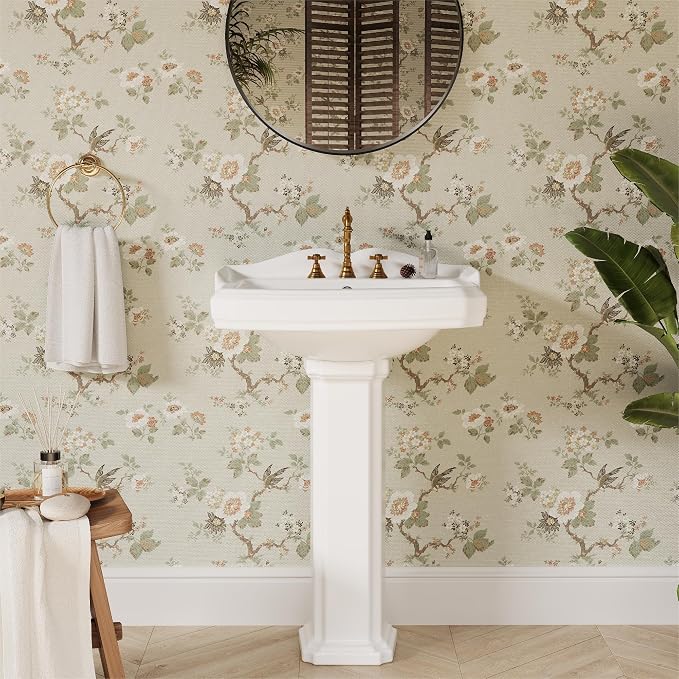 GarveeHome Porcelain Pedestal Sink Combo for Bathroom, White 26" Sink with Backsplash, 23" x 19" Basin Size, 35" Height with 3 Faucet Holes and Overflow