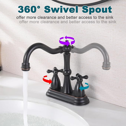 Oil Rubbed Bronze Bathroom Faucet 2 Hole, 4 Inch Centerset Antique Bathroom Faucet with Pop Up Drain and Supply Hose, Modern Bathroom Faucet Vanity Faucet, SE-0038-ORB