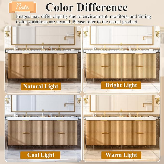 60" Bathroom Vanity with Sink Combo, Floating Double Sink Bathroom Vanity with SMC Resin Top, MDF Cabinet with 4 Drawer, Wall-Mounted Bath Room Vanities for Large Bathrooms (60''-Wood-4)