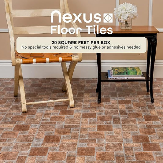 Nexus Self Adhesive 12-Inch Vinyl Floor Tiles, 20 Tiles, 12 x 12 in | Decorative Tile Format: Dimensional Tile Texture Adds Coordinated Finish Detail.