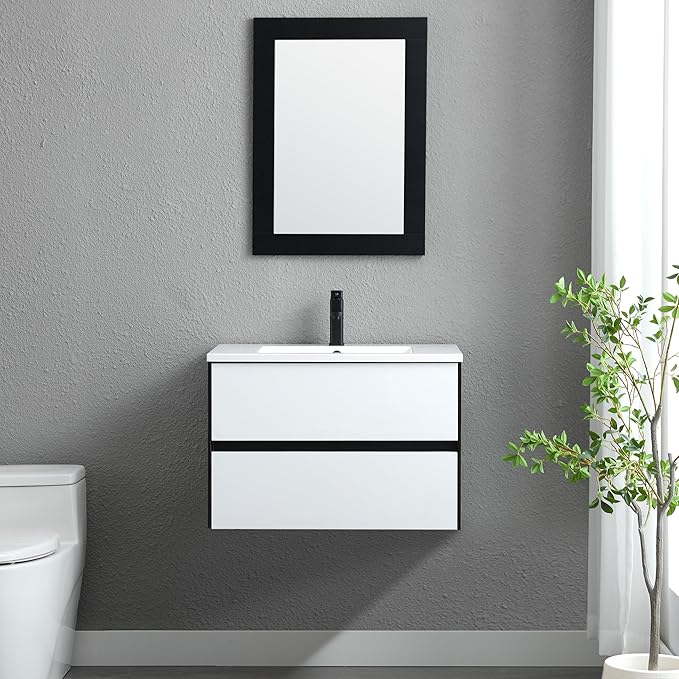 eclife 30" Bathroom Vanity Cabinet with Undermount White Sink Combo, Wall Mounted Floating Bathroom Cabinet with Colors Mixed Style, 2 Big Drawers & Matte Black Faucet