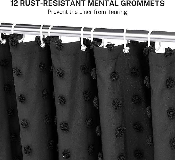 Extra Long Black Boho Shower Curtain Woven Fabric Cute Shower Curtain, 72 x 96 Tufted Pleat Floral Textured Modern Farmhouse Minimalist Shower Curtain Set with Hooks for Bathroom
