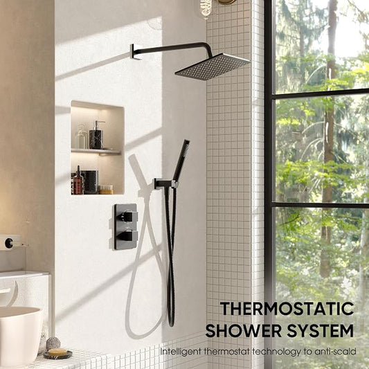 Esnbia Thermostatic Black Shower System, All Metal Shower Faucet Set with 10 Inches Rain Shower Head, Rainfall Shower Heads with Handheld Spray Combo,Anti-Scald Shower Combo Set, Matte Black