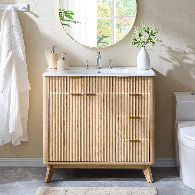 T4TREAM 36" Fluted Bathroom Vanity with Ceramic Sink Combo,Freestanding Modern Bathroom Storage Vanity Cabinet with 2 Soft Closing Doors & 3 Drawers,Wood Grain Texture,Metal Handle,Natural Oak