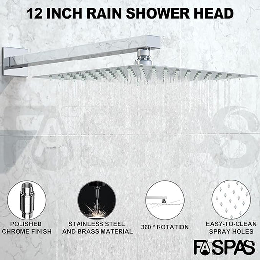 Shower System with Tub Spout, 12-Inch High-Pressure Rain Showerhead and Handheld Combo, Polished Chrome Shower Faucet Set with Rough-in Valve and Trim, Wall Mounted 3-Way Shower Set