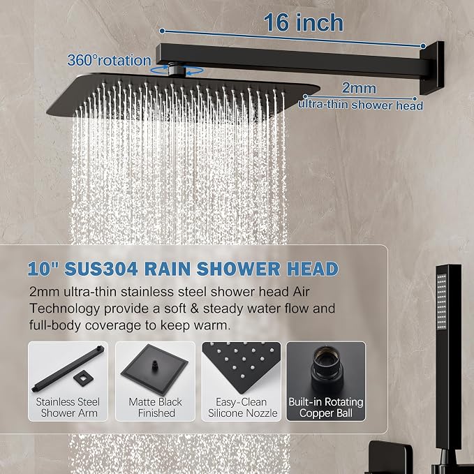 10" Rain Shower System with Handheld & Valve, Matte Black | Wall-Mounted High-Pressure Shower Faucet Combo Set, 10-Inch Rain Shower Head with Handheld Spray,Includes Valve and Trim Kit