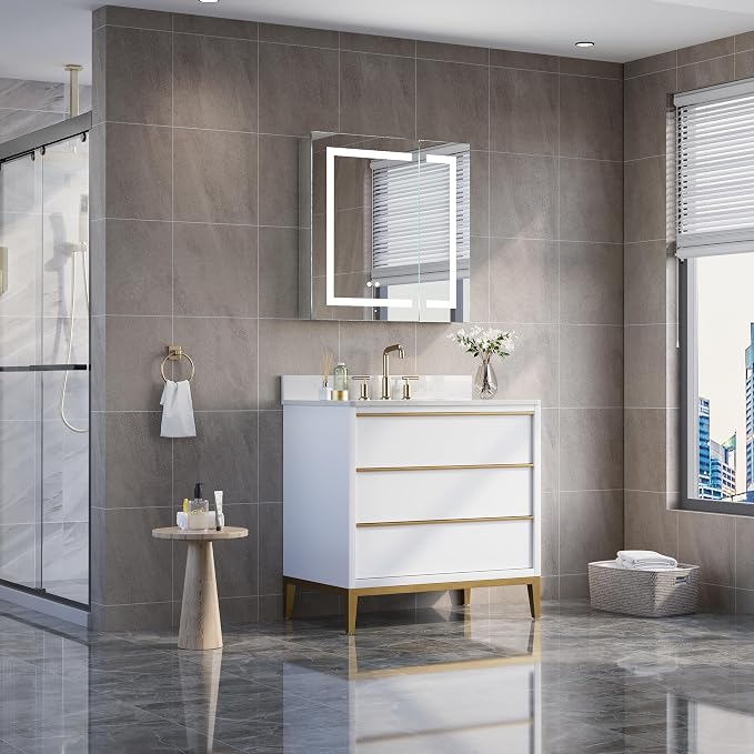 WELLFOR 30" X 30" Bathroom LED Medicine Cabinet with Mirror, Medicine Cabinet with Lights, Bathroom Mirror with Storage, Dimmer, Defogger, Outlets & USB Ports, Double Doors