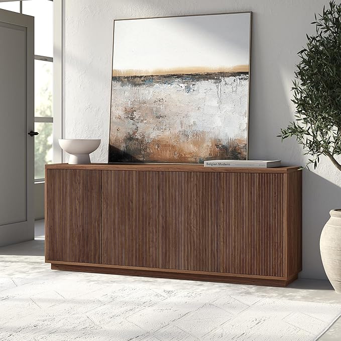 Henn&Hart 68" Fluted Sideboard Buffet Cabinet, Ribbed Modern Wooden Credenza with 4 Doors, Adjustable Shelves, and Cable Management Cut-Outs for Dining Room, Kitchen, or Living Room, Medium Walnut