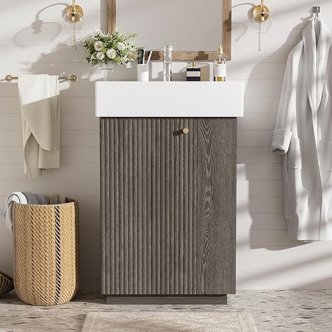 Merax Bathroom Vanity, Undermount Sinks Vanity with Side Storage, Floor Standing Bathroom Storage Cabinet Combo Set, Small Bathroom Sink Vanity, Dark Grey