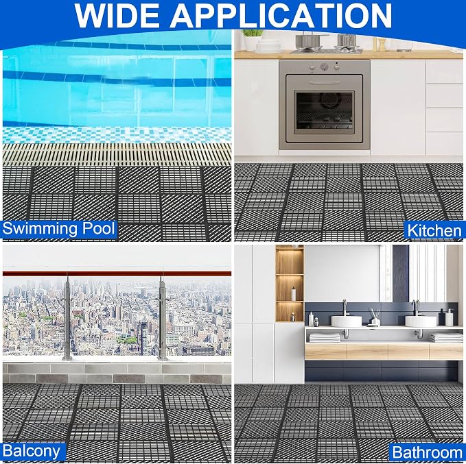 Modular Interlocking Cushion 12 Pack 11.8" x 11.8" Rubber Floor Tiles Non-Slip Splicing Drainage Mats for Deck, Pool, Shower, Patio, Balcony, Bathroom, Kitchen, Yard (Diagonal, Black)