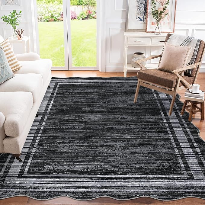 Garvee Scalloped Area Rug 9x12 Large Washable Rug for Living Room Black | Girls Rug for Bedroom, Non-Slip Soft Carpet for Bedroom, Scalloped Low-Pile Print Accent Rug for Dining Room Home Office