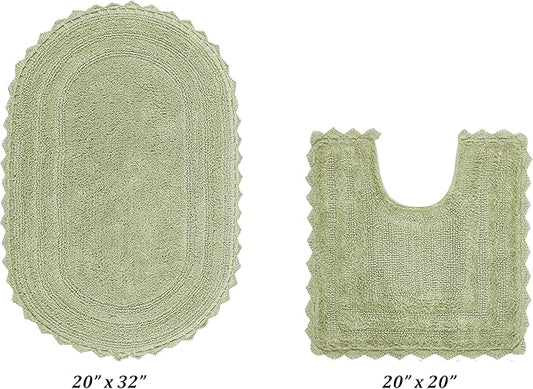 Better Trends 2 Piece Lilly Crochet Oval Rug (20x20 | 20x32 Oval) Bath Mat Toilet Rugs U Shaped 100% Cotton Soft Reversible Water Absorbent Washable for Bathroom Decor Contour Sage