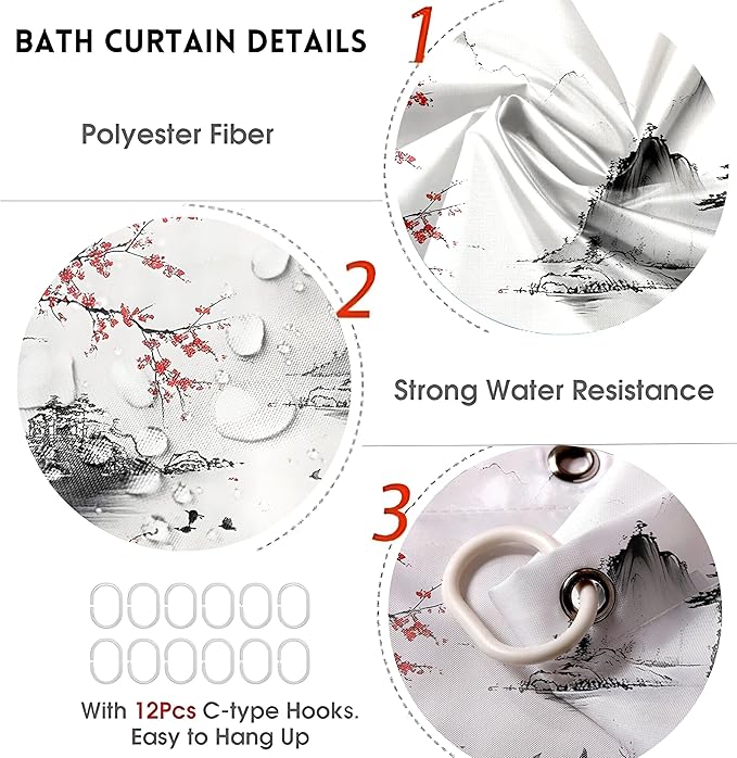 4-Piece Cherry Blossoms Shower Curtain Set Mountain Bathroom Set with Shower Curtain and Rugs, Japanese Style Bath Curtain with Hooks for Home Decor