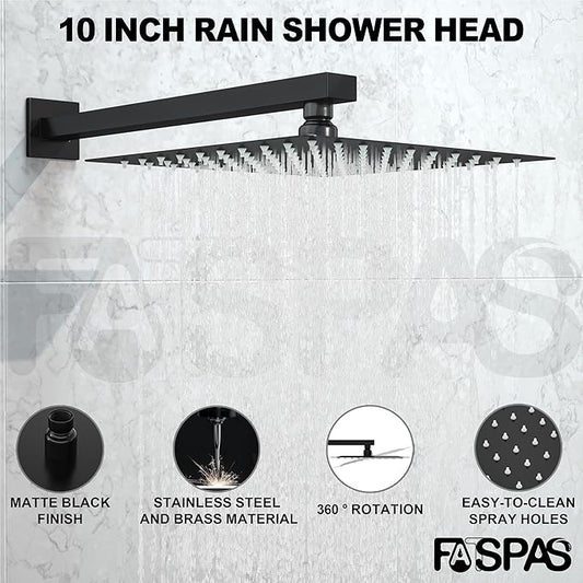 Shower System with Tub Spout, 10-Inch High-Pressure Rain Showerhead and Handheld Combo, Matte Black Shower Faucet Set with Rough-in Valve and Trim, Wall Mounted 3-Way Shower Set