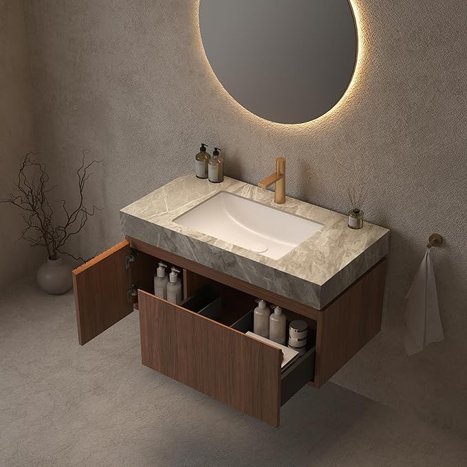 LKTART Floating 36 Inch Bathroom Vanity with Sink, Modern Plywood Wall Mounted Bathroom Storage Cabinet with 1 Door and 1 Drawer, Roma Travertine-Pattern Sintered Stone Countertop and Ceramic Basin