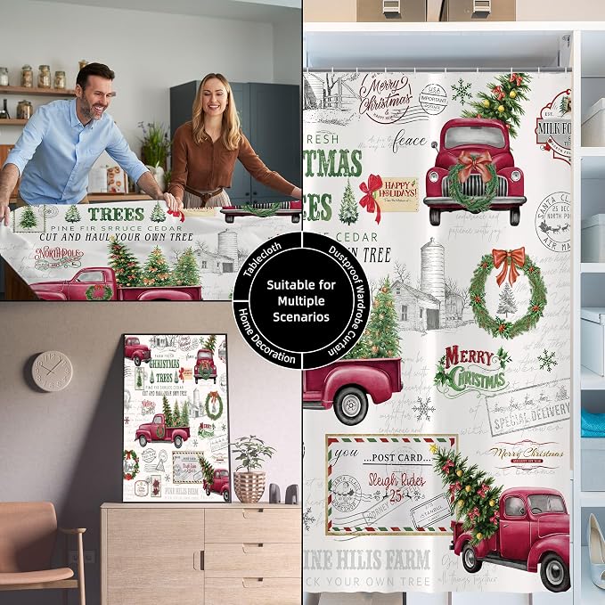 Vintage Christmas Farmhouse Shower Curtain for Bathroom 72W*72H Inch Red Truck Xmas Tree Winter Snowflake Wreath Classical Country Holiday Decorations Bathtub Decor Waterproof Polyester Fabric Set