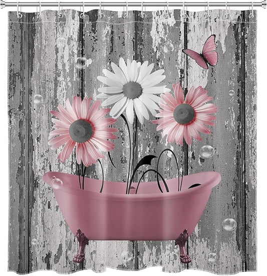 HVEST Pink and Gray Floral Shower Curtain with Hooks Daisy Flower in Bathtub and Butterfly on Rustic Wood Shower Curtain for Bathroom 78L X 72W inch Polyester Fabric Bathroom Decoration Bath Curtain