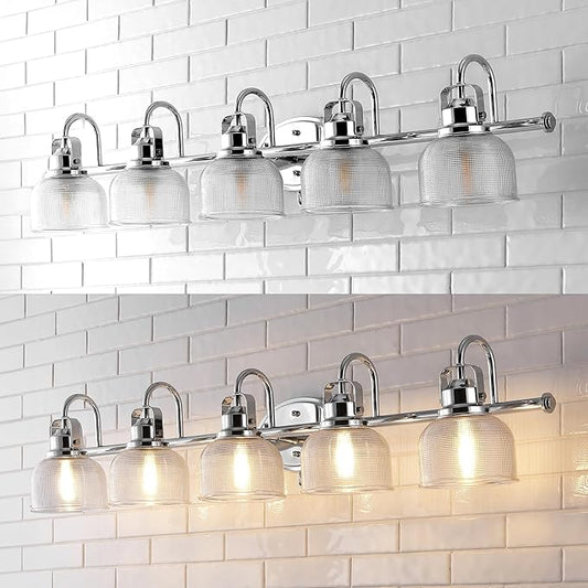 JONATHAN Y 42.75" Chrome Modern Bathroom Vanity Light, 5-Light LED Wall Sconce, Clear Glass Bell Shade for Mirror Hallway Kitchen, ETL Listed, LED Bulb Included (JYL7903A)