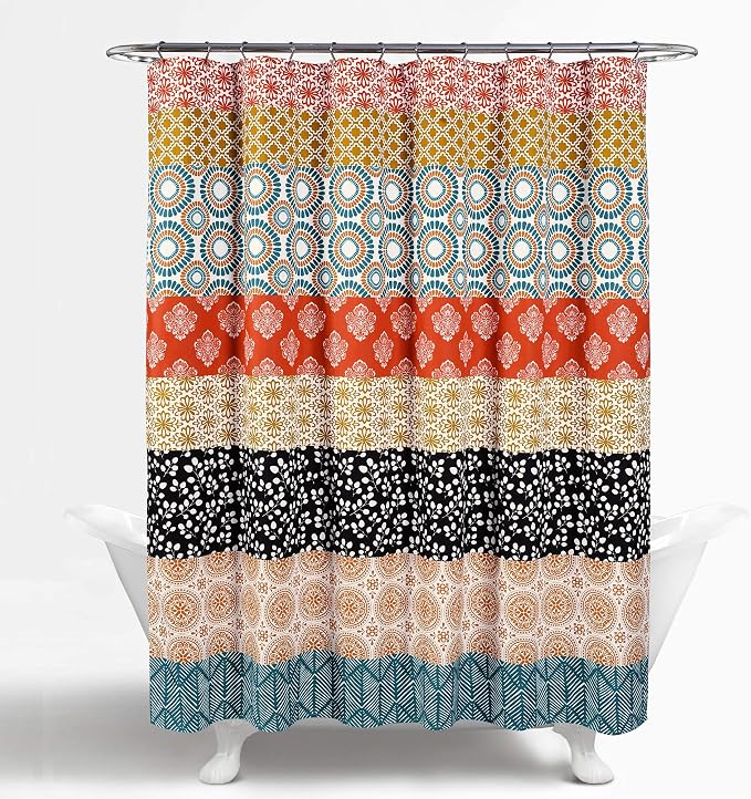 Lush Decor Bohemian Stripe Shower Curtain 72" W x 72" L Turquoise & Orange - Bathroom Curtain - Striped Shower Curtain - Boho Decor - Fabric Shower Curtains