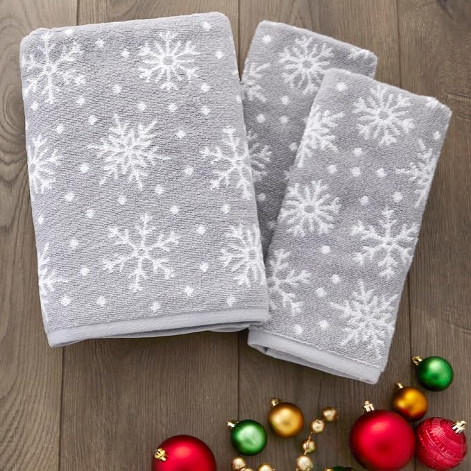 SKL Home Winter/Christmas Scattered Snowflakes Hand Towel Set-2pc, Gray | 100% Cotton. 500 GSM. Soft & absorbent. Reversible jacquard pattern. Great for use in the bathroom, kitchen or bar & gifting.