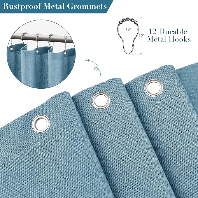 Blue Boho Linen Shower Curtain 72 Inch Fabric Textured Elegant Shower Curtain Set with Hooks Simple Aesthetic Bathroom Decor with Hooks Vintage Cottage Bath Curtain for Bathroom 72x72
