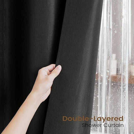 BTTN Black 3 in 1 Shower Curtain with Clear Liner, Linen Textured Decorative Fabric Shower Curtain PEVA Liner Set with Plastic Hook, Modern Luxury Waterproof Shower Curtain for Bathroom, 72x72