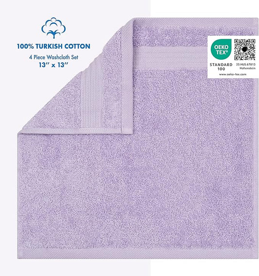Cotton Paradise 100% Cotton Turkish Washcloth Set for Bathroom, 4 Piece Soft Absorbent Small Towels Wash Rags, Lilac