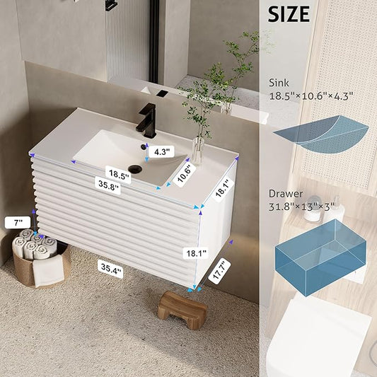 eclife 36" Floating Bathroom Vanity with Sink Combo Mid-Century Wall Mounted Cabinet with Wood Stripes Decor, Drawers, Undermount Single Sink, Faucet, Drain, Mixed White