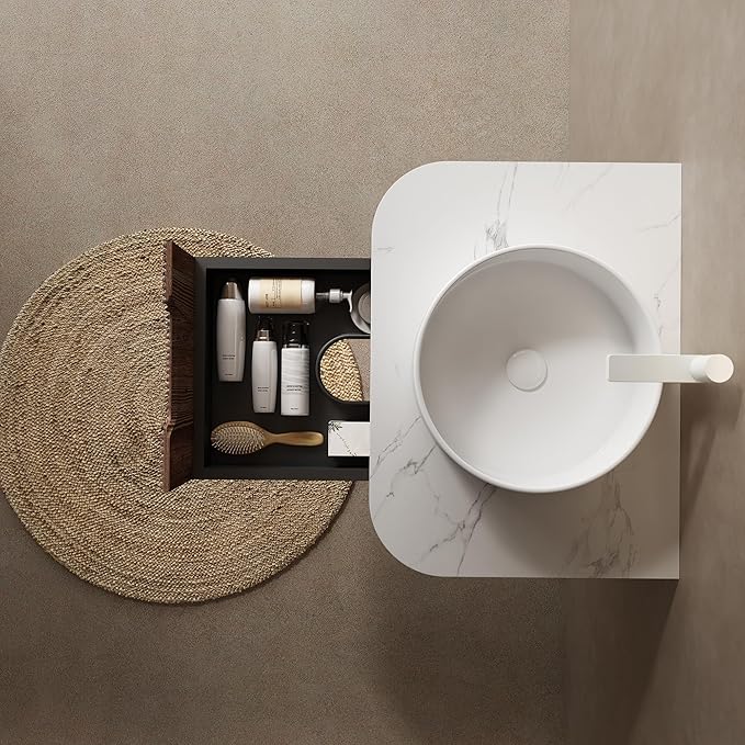 24'' Bathroom Vanities Cabinet with Sink Combo, Wall Mounted Floating Cabinet W/Curved Edges Stripes, Oak Plywood, Soft-close System with a Drawer, White Round Ceramic Basin - Kiel, Dark Walnut