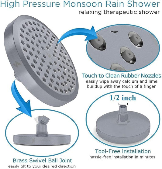 SparkPod Rain Shower Head, 6 Inch Round, Charcoal Grey Finish | High Pressure Shower Heads, 90 Nozzles, Adjustable Showerhead, No Tools Needed, Universal Connection