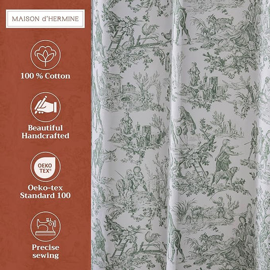 Maison d' Hermine Shower Curtain 100% Cotton One Panel 70"x72" Washable Fabric Shower Curtains for Bathroom, Easy Hanging with 12 Button Holes - Spa Easter Gifts (The Miller - Antique Green)